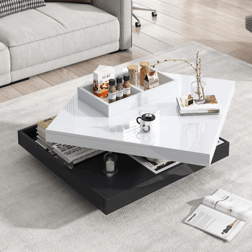 Mesa de centro com arrumação 70x70x36 cm - Tampo brilhante rotativo 360° - Preto e branco Mesa de centro com arrumação 70x70x36 cm - Tampo brilhante rotativo 360° - Preto e branco