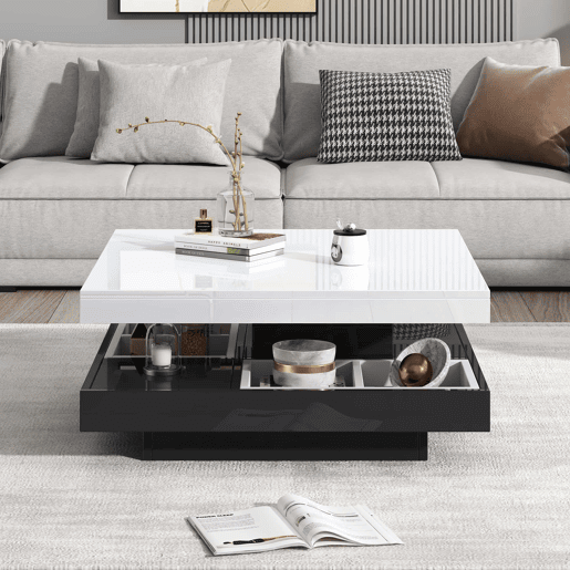 Mesa de centro com arrumação 70x70x36 cm - Tampo brilhante rotativo 360° - Preto e branco Mesa de centro com arrumação 70x70x36 cm - Tampo brilhante rotativo 360° - Preto e branco