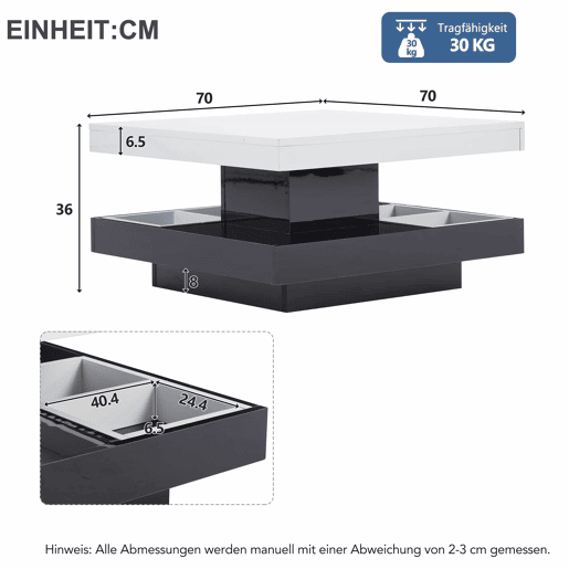 Mesa de centro com arrumação 70x70x36 cm - Tampo brilhante rotativo 360° - Preto e branco Mesa de centro com arrumação 70x70x36 cm - Tampo brilhante rotativo 360° - Preto e branco