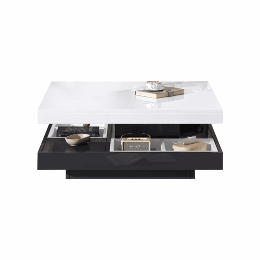 Mesa de centro com arrumação 70x70x36 cm - Tampo brilhante rotativo 360° - Preto e branco Mesa de centro com arrumação 70x70x36 cm - Tampo brilhante rotativo 360° - Preto e branco