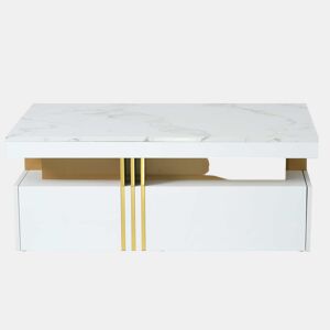 Mesa de centro com 2 gavetas - tampo com padrão de mármore - estilo escandinavo - Branco