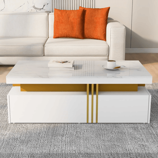 Mesa de centro com 2 gavetas - tampo com padrão de mármore - estilo escandinavo - Branco Mesa de centro com 2 gavetas - tampo com padrão de mármore - estilo escandinavo - Branco