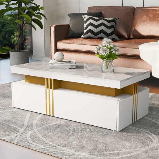 Mesa de centro com 2 gavetas - tampo com padrão de mármore - estilo escandinavo - Branco Mesa de centro com 2 gavetas - tampo com padrão de mármore - estilo escandinavo - Branco