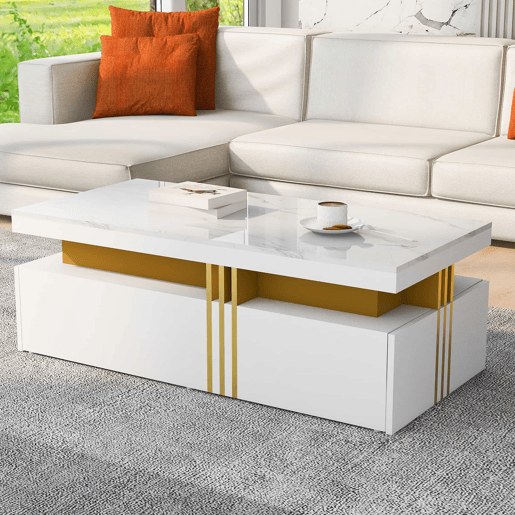 Mesa de centro com 2 gavetas - tampo com padrão de mármore - estilo escandinavo - Branco Mesa de centro com 2 gavetas - tampo com padrão de mármore - estilo escandinavo - Branco