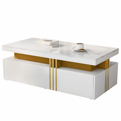 Mesa de centro com 2 gavetas - tampo com padrão de mármore - estilo escandinavo - Branco Mesa de centro com 2 gavetas - tampo com padrão de mármore - estilo escandinavo - Branco