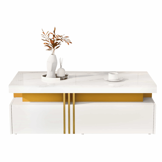 Mesa de centro com 2 gavetas - tampo com padrão de mármore - estilo escandinavo - Branco Mesa de centro com 2 gavetas - tampo com padrão de mármore - estilo escandinavo - Branco