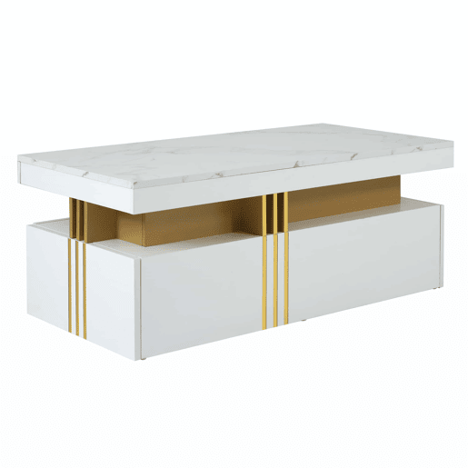 Mesa de centro com 2 gavetas - tampo com padrão de mármore - estilo escandinavo - Branco Mesa de centro com 2 gavetas - tampo com padrão de mármore - estilo escandinavo - Branco