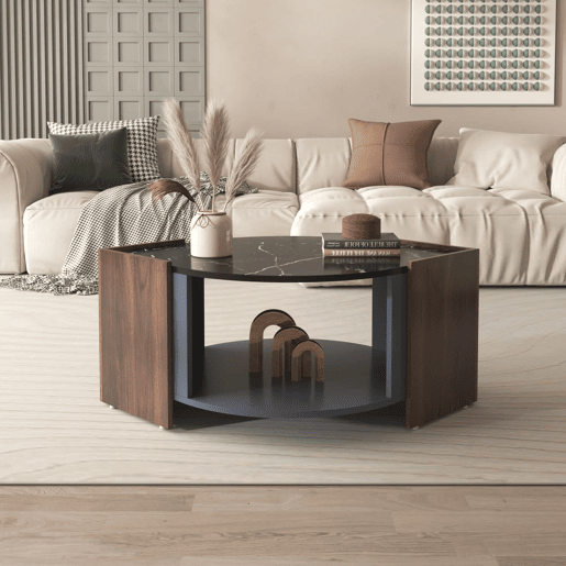 Mesa de centro - design estruturado com mármore e nogueira - linhas únicas - Preto