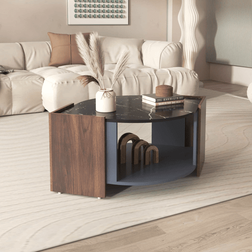 Mesa de centro - design estruturado com mármore e nogueira - linhas únicas - Preto