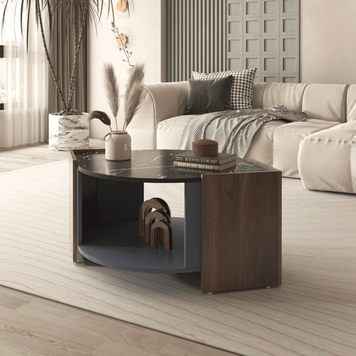 Mesa de centro - design estruturado com mármore e nogueira - linhas únicas - Preto
