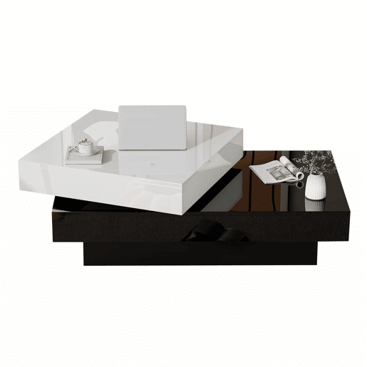 Mesa de centro giratória - Mesa moderna com superfície brilhante, mesa de dupla camada - Branco e preto Mesa de centro giratória - Mesa moderna com superfície brilhante, mesa de dupla camada - Branco e preto