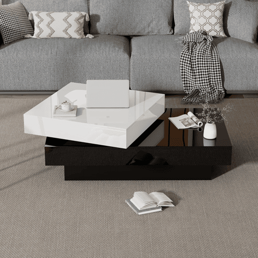 Mesa de centro giratória - Mesa moderna com superfície brilhante, mesa de dupla camada - Branco e preto Mesa de centro giratória - Mesa moderna com superfície brilhante, mesa de dupla camada - Branco e preto