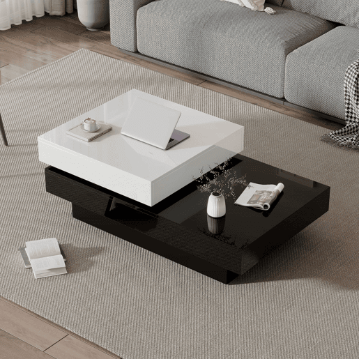 Mesa de centro giratória - Mesa moderna com superfície brilhante, mesa de dupla camada - Branco e preto Mesa de centro giratória - Mesa moderna com superfície brilhante, mesa de dupla camada - Branco e preto
