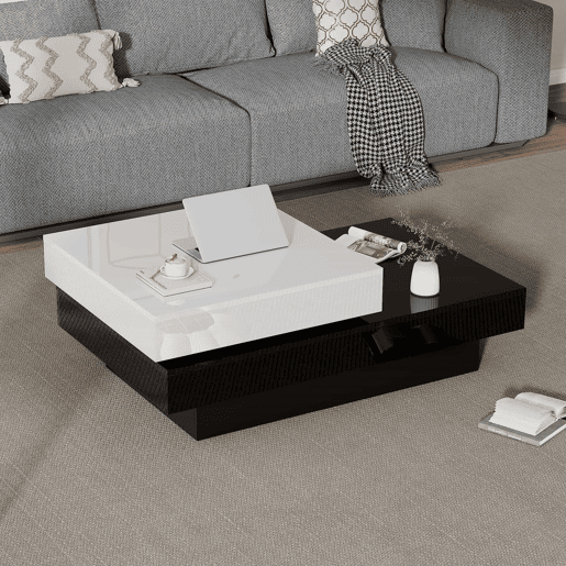 Mesa de centro giratória - Mesa moderna com superfície brilhante, mesa de dupla camada - Branco e preto Mesa de centro giratória - Mesa moderna com superfície brilhante, mesa de dupla camada - Branco e preto