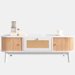 Mesa de centro para sala de estar - decorada com rotim e madeira maciça - estilo rústico - Branco