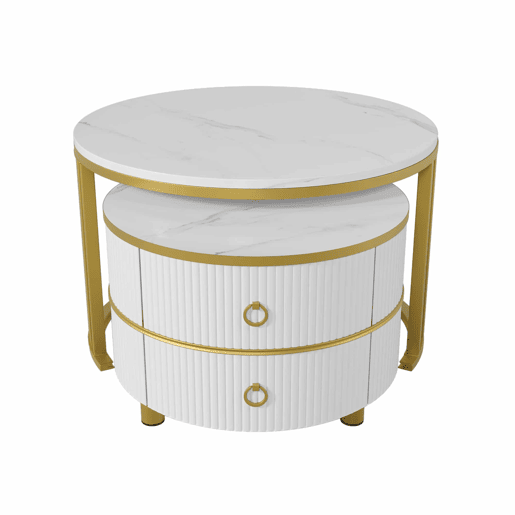 Conjunto de 2 mesas de centro com 2 gavetas - tampo com design em mármore - Ouro e Branco