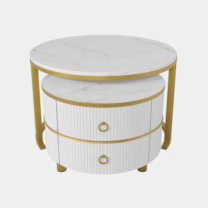 Conjunto de 2 mesas de centro com 2 gavetas - tampo com design em mármore - Ouro e Branco