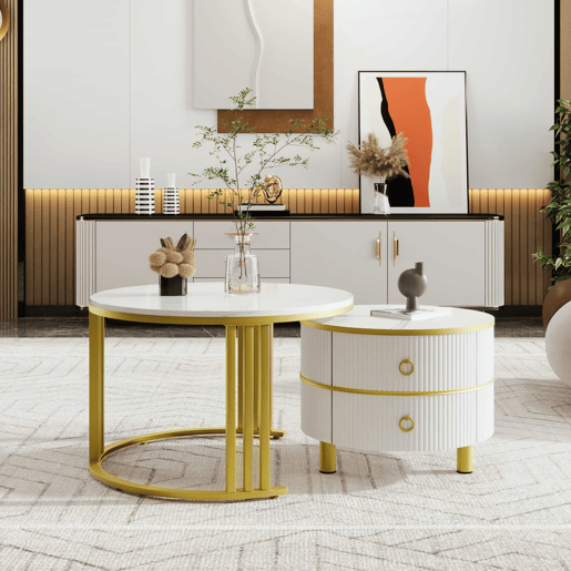 Conjunto de 2 mesas de centro com 2 gavetas - tampo com design em mármore - Ouro e Branco