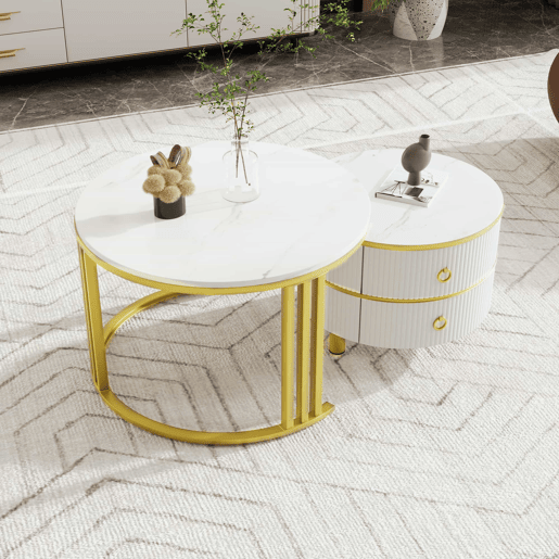 Conjunto de 2 mesas de centro com 2 gavetas - tampo com design em mármore - Ouro e Branco