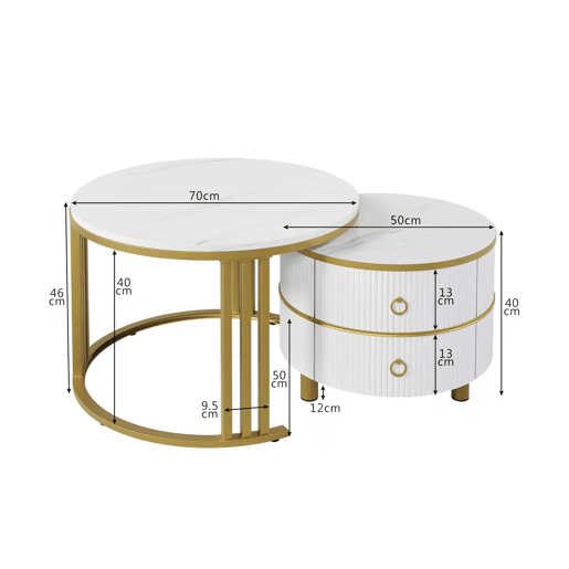 Conjunto de 2 mesas de centro com 2 gavetas - tampo com design em mármore - Ouro e Branco