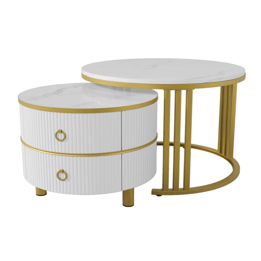 Conjunto de 2 mesas de centro com 2 gavetas - tampo com design em mármore - Ouro e Branco