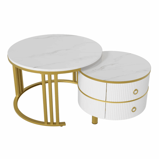 Conjunto de 2 mesas de centro com 2 gavetas - tampo com design em mármore - Ouro e Branco