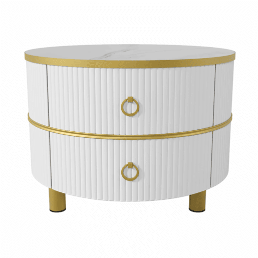 Conjunto de 2 mesas de centro com 2 gavetas - tampo com design em mármore - Ouro e Branco
