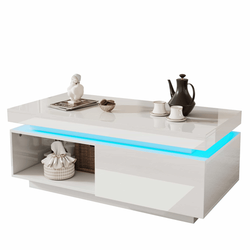 Mesa de centro moderna de alto brilho 100x50x40,3 cm - Mesa elegante com iluminação LED, gaveta e capacidade de carga de 50 kg Mesa de centro moderna de alto brilho 100x50x40,3 cm - Mesa elegante com iluminação LED, gaveta e capacidade de carga de 50 kg