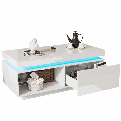 Mesa de centro moderna de alto brilho 100x50x40,3 cm - Mesa elegante com iluminação LED, gaveta e capacidade de carga de 50 kg Mesa de centro moderna de alto brilho 100x50x40,3 cm - Mesa elegante com iluminação LED, gaveta e capacidade de carga de 50 kg