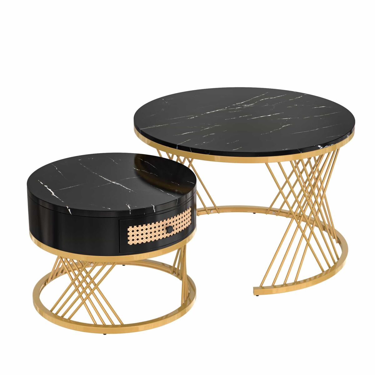 juego de 2 mesas de centro nido - tapa efecto marmol - negro