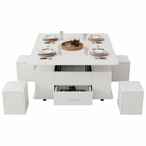 Mesa de centro elevável - Mesa de sala multifuncional 4 em 1 com 4 bancos e gavetas - Branca Mesa de centro elevável - Mesa de sala multifuncional 4 em 1 com 4 bancos e gavetas - Branca