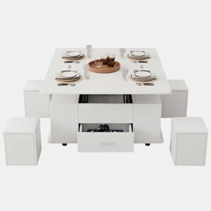 Mesa de centro elevável - Mesa de sala multifuncional 4 em 1 com 4 bancos e gavetas - Branca