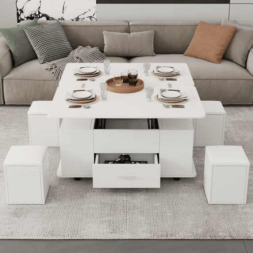Mesa de centro elevável - Mesa de sala multifuncional 4 em 1 com 4 bancos e gavetas - Branca Mesa de centro elevável - Mesa de sala multifuncional 4 em 1 com 4 bancos e gavetas - Branca