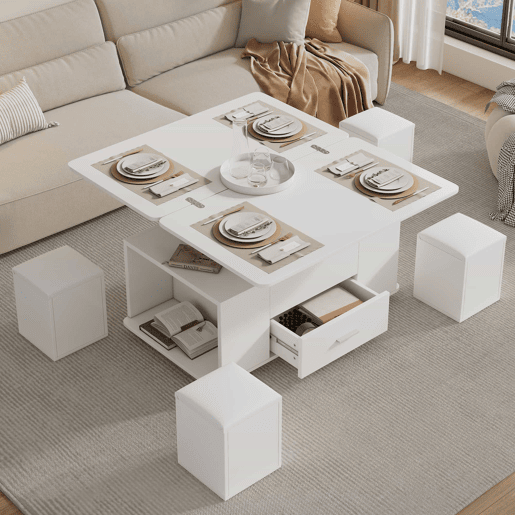 Mesa de centro elevável - Mesa de sala multifuncional 4 em 1 com 4 bancos e gavetas - Branca Mesa de centro elevável - Mesa de sala multifuncional 4 em 1 com 4 bancos e gavetas - Branca