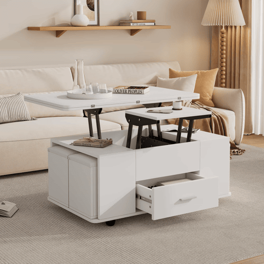 Mesa de centro elevável - Mesa de sala multifuncional 4 em 1 com 4 bancos e gavetas - Branca Mesa de centro elevável - Mesa de sala multifuncional 4 em 1 com 4 bancos e gavetas - Branca