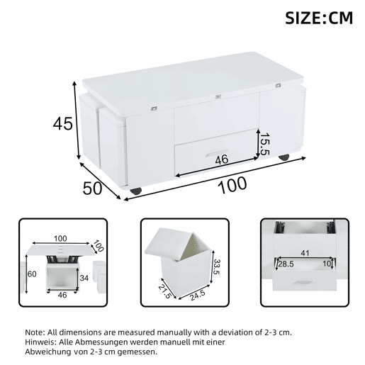 Mesa de centro elevável - Mesa de sala multifuncional 4 em 1 com 4 bancos e gavetas - Branca Mesa de centro elevável - Mesa de sala multifuncional 4 em 1 com 4 bancos e gavetas - Branca