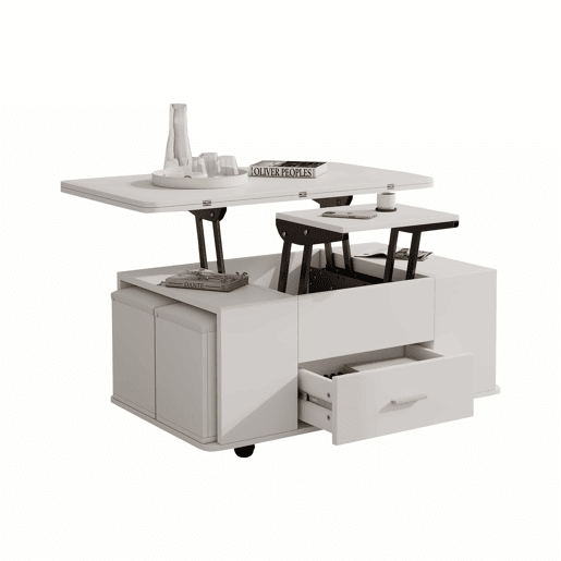 Mesa de centro elevável - Mesa de sala multifuncional 4 em 1 com 4 bancos e gavetas - Branca Mesa de centro elevável - Mesa de sala multifuncional 4 em 1 com 4 bancos e gavetas - Branca