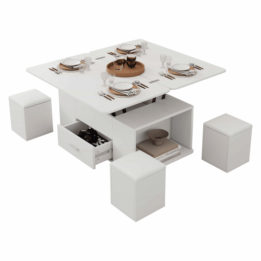 Mesa de centro elevável - Mesa de sala multifuncional 4 em 1 com 4 bancos e gavetas - Branca Mesa de centro elevável - Mesa de sala multifuncional 4 em 1 com 4 bancos e gavetas - Branca