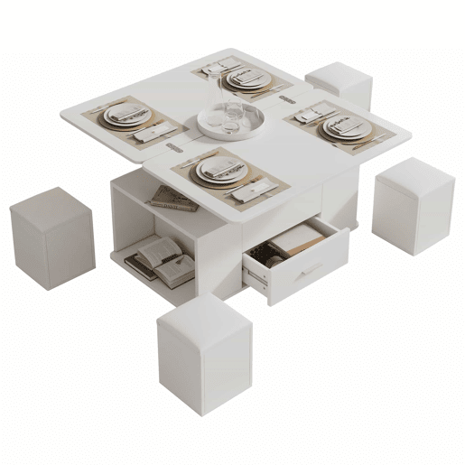 Mesa de centro elevável - Mesa de sala multifuncional 4 em 1 com 4 bancos e gavetas - Branca Mesa de centro elevável - Mesa de sala multifuncional 4 em 1 com 4 bancos e gavetas - Branca