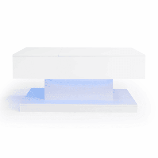 Mesa de centro elevável 100x50x45 cm - Com LED, superfície elevável e design deslizante lateral, elevação hidráulica e armazenamento - Branco