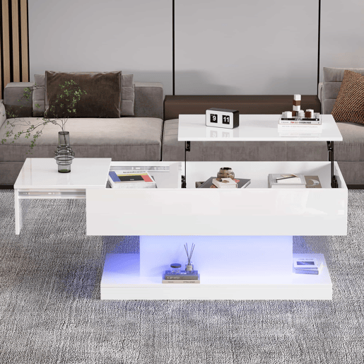 Mesa de centro elevável 100x50x45 cm - Com LED, superfície elevável e design deslizante lateral, elevação hidráulica e armazenamento - Branco