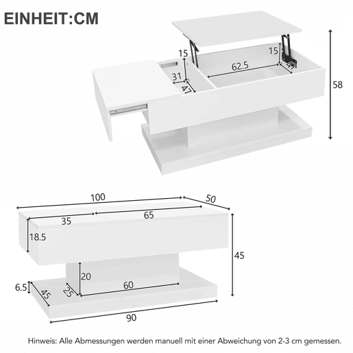 Mesa de centro elevável 100x50x45 cm - Com LED, superfície elevável e design deslizante lateral, elevação hidráulica e armazenamento - Branco