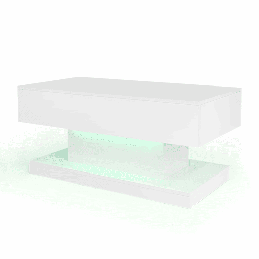 Mesa de centro elevável 100x50x45 cm - Com LED, superfície elevável e design deslizante lateral, elevação hidráulica e armazenamento - Branco