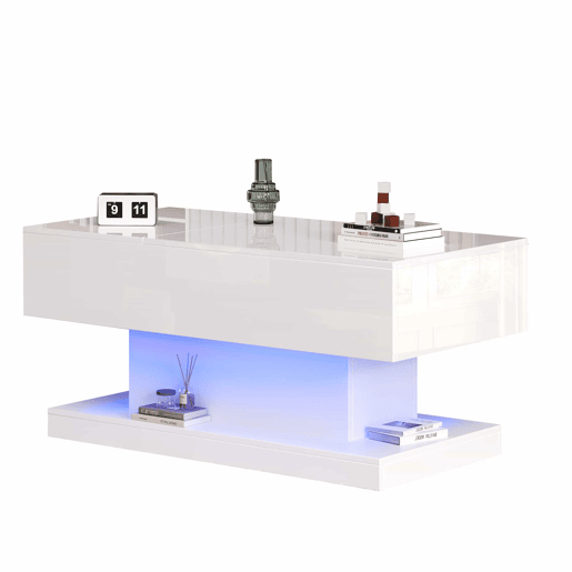 Mesa de centro elevável 100x50x45 cm - Com LED, superfície elevável e design deslizante lateral, elevação hidráulica e armazenamento - Branco