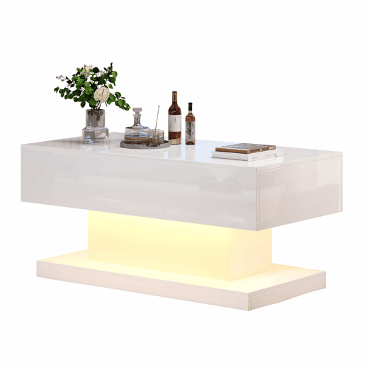 Mesa de centro elevável 100x50x45 cm - Com LED, superfície elevável e design deslizante lateral, elevação hidráulica e armazenamento - Branco