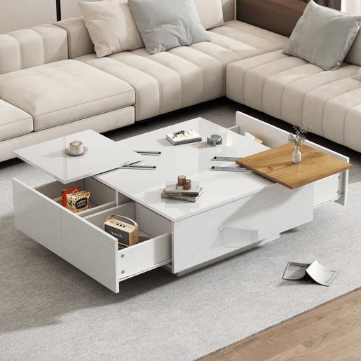 Mesa de centro quadrada 75x75x33,5cm - com 4 gavetas - Branco Mesa de centro quadrada 75x75x33,5cm - com 4 gavetas - Branco