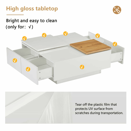 Mesa de centro quadrada 75x75x33,5cm - com 4 gavetas - Branco Mesa de centro quadrada 75x75x33,5cm - com 4 gavetas - Branco