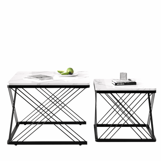 Conjunto de 2 mesas de apoio - tampo em mármore - Preto e branco