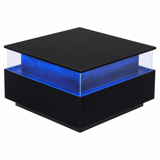 Mesa de centro moderna com LED 70x70x41 cm - 2 gavetas, área de exposição transparente, carga até 30 kg - Preto