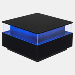 Mesa de centro moderna com LED 70x70x41 cm - 2 gavetas, área de exposição transparente, carga até 30 kg - Preto